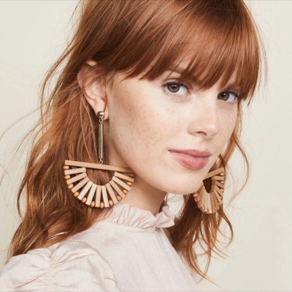 Jewelry - Half Moon Wooden Beaded Gold Bar Drop Earrings